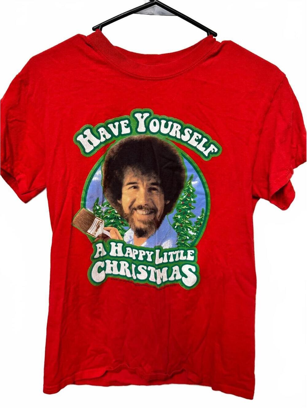 Bob Ross Graphic T-Shirt Have Yourself A Happy Little Christmas Red Size S